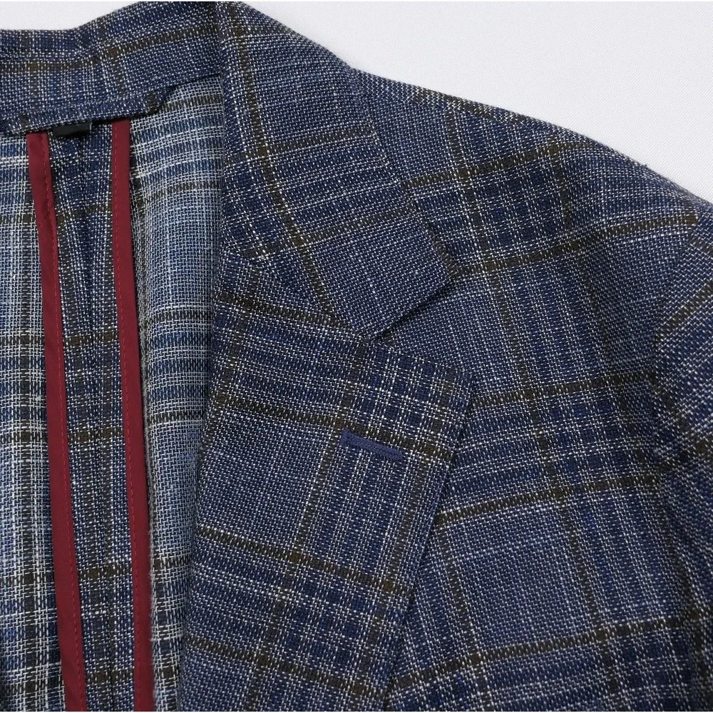 Bonobos Marlane Slim Fit Hopsack Blazer Mens 38S Blue Glen Plaid Wool Linen